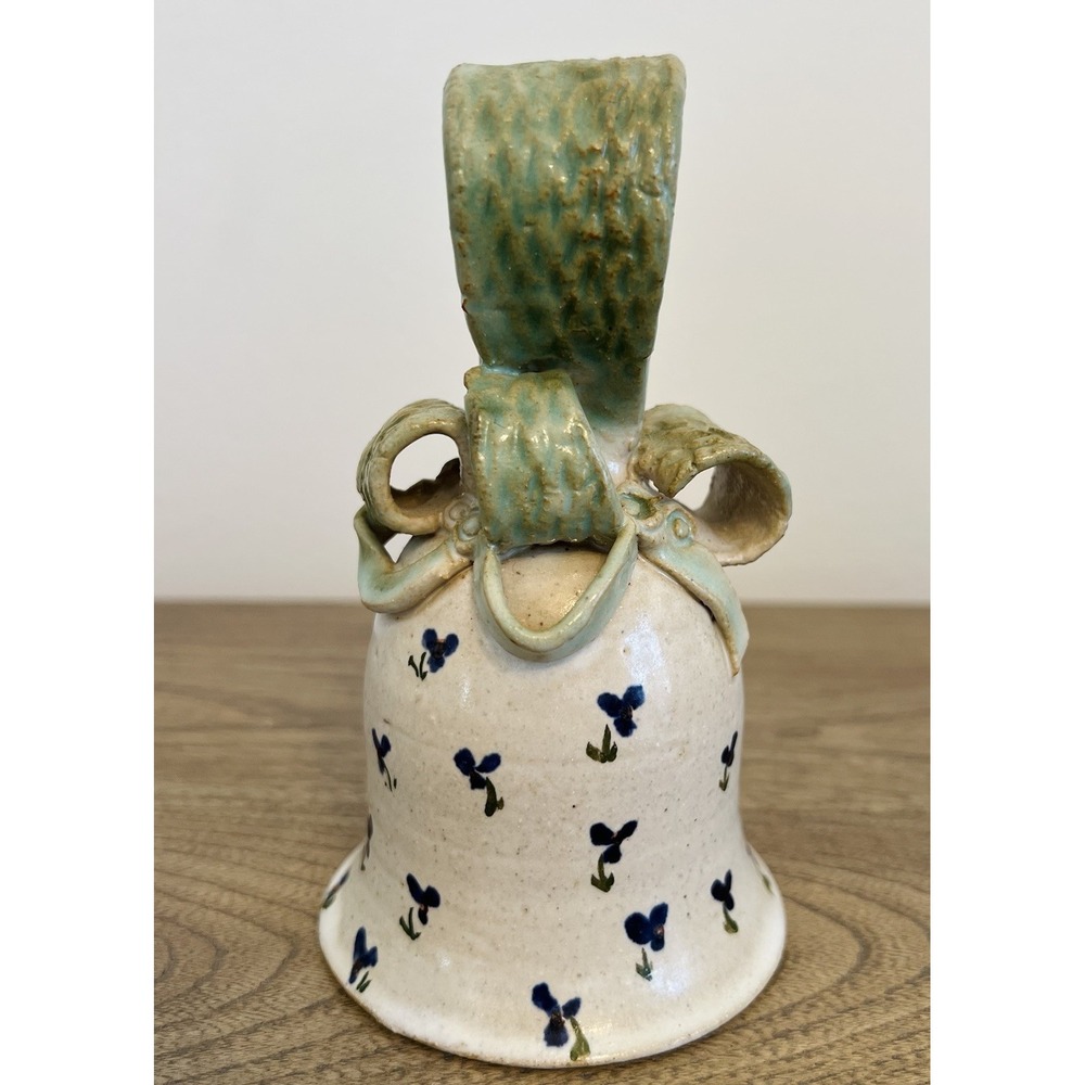 Stoneware Pottery Handcrafted Bell 5" Signed Bow Flowers